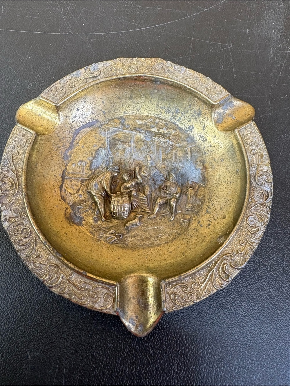 Vintage Embossed Brass Ashtray with Scene